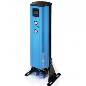 Dispositivo azul e preto com manómetros e visor sobre base metálica