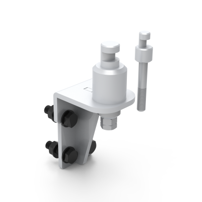 Conjunto metálico com suporte em L, parafusos pretos e parafuso branco com botão.