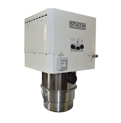 Produto industrial Stucchi branco e metálico com botões e etiquetas