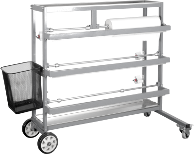Carrinho metálico com prateleiras, roda e suporte para rolos