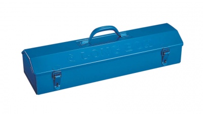 Caixa de ferramentas metálica azul com fechos de metal