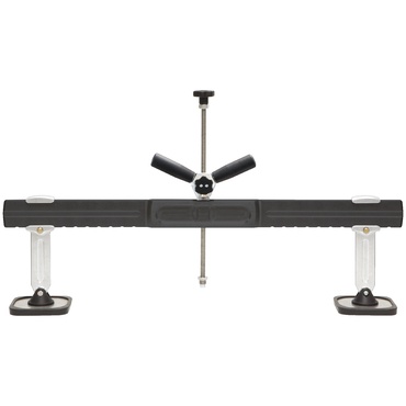 Suporte ajustável para pesca preto com bases transparentes.
