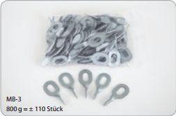 Anilhas metálicas cinzentas em saco plástico e dispostas em linha, texto MB-3 800 g = ± 110 Stück