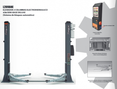 Elevador eletrohidráulico de 2 colunas preto e cinza com braços ajustáveis