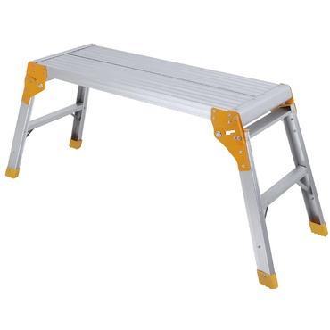 Banco de trabalho portátil em alumínio com pernas dobráveis e detalhes amarelos.