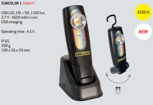 Lanterna LED SUNCOLOR I preta em base de carregamento com especificações técnicas visíveis