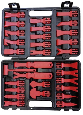 Estojo preto aberto com várias ferramentas vermelhas organizadas dentro