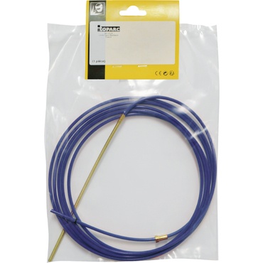 Cabo de aço azul embalado em saco plástico transparente com etiqueta amarela e branca