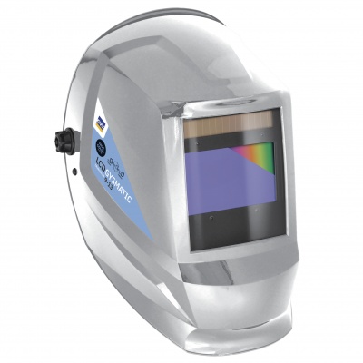 Capacete de soldadura prateado com visor retangular