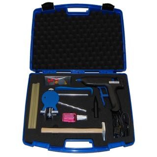 Conjunto de ferramentas em estojo azul com pistola de cola quente e acessórios