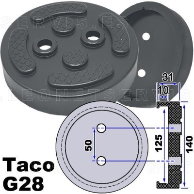 Taco G28 redondo preto com textura e medidas destacadas