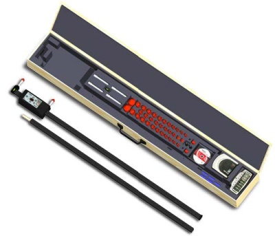 Conjunto para medição eletrónica com caixa de madeira e componentes