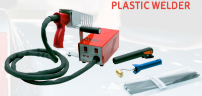 Conjunto de soldador plástico vermelho e branco com pistola, cabo preto e ferramentas auxiliares sobre superfície branca