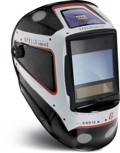 Máscara de soldar preta e branca com visor e detalhes vermelhos