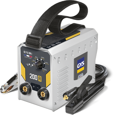 Máquina de soldar compacta GYSMI 200 A cinzenta, preta e amarela com cabos e suporte para eletrodos