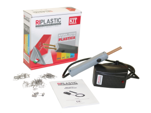 Kit RIPLASTIC para soldar plástico com ferro, base, manual e grampos metálicos