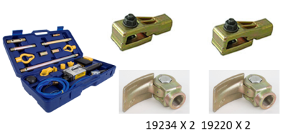 Conjunto de ferramentas para tubos com adaptadores metálicos dourados e estojo azul.