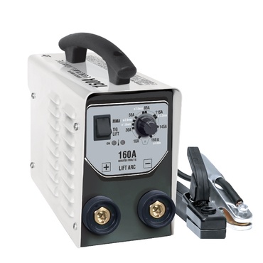 Máquina de soldar portátil branco e cinza com cabos e garras