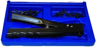 Conjunto de alicate para rebites preto com rebites e caixa azul