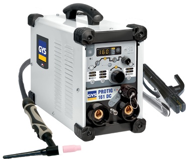 Máquina de soldar GYS Protig 161 DC branca e preta com painel frontal e cabos