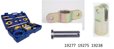 Conjunto de ferramentas em estojo azul e três peças metálicas distintas em fundo branco