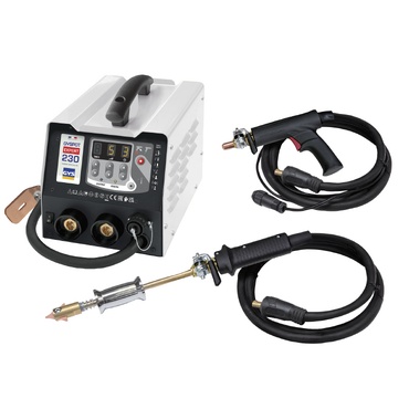 Máquina de soldadura industrial cinzenta com painéis e cabos negros em fundo branco