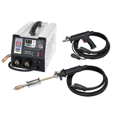 Aparelho de soldadura branco e preto com alça e duas pistolas de solda com cabos pretos