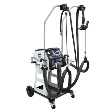 Máquina industrial para soldadura por pontos com estrutura cinzenta e cabos pretos suspensos