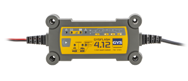Carregador de bateria amarelo e cinzento GYSFLASH 4.12 com conexões vermelha e preta