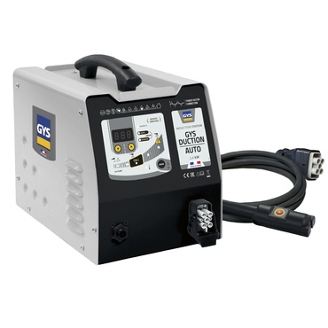 Máquina de soldar GYS DUTION AUTO cinza e preto com cabo e painel digital.