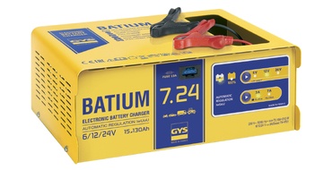 Carregador de baterias elétrico amarelo BATIUM 7.24 com garras preta e vermelha