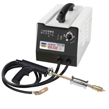 Máquina de soldadura portátil GYS GYSPOT 26.02 com caixa branca e pistola preta
