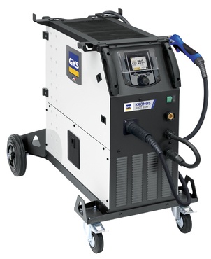 Máquina de soldar industrial branca e preta com visor digital e rodas