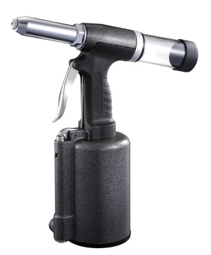 Rebitador pneumático preto com detalhes metálicos prateados