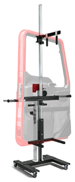 Estrutura para medição corporal vermelha e preta com componentes metálicos prateados