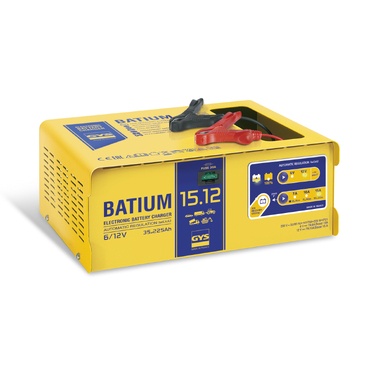 Carregador de bateria amarelo BATIUM 15.12 com garras e etiquetas em fundo branco