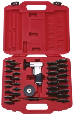 Conjunto de ferramenta pneumática com pistola e escovas abrasivas em estojo vermelho