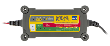 Carregador de bateria GYSFLASH 6.24 PL cinzento com etiquetas coloridas e cabos