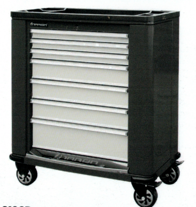 Carrinho de ferramentas metálico com gavetas brancas e rodízios pretos