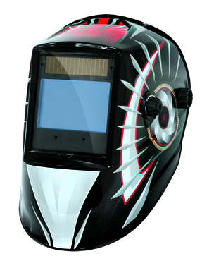 Máscara de soldar preta com detalhes em branco, vermelho e cinza e visor de energia solar