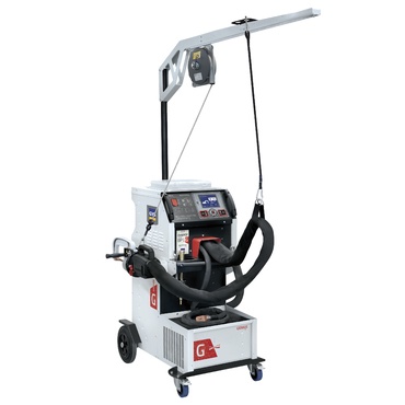 Máquina industrial branca com painel digital, alças e rodas