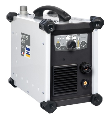 Dispositivo portátil metálico branco e preto com pega e painel frontal com botões.