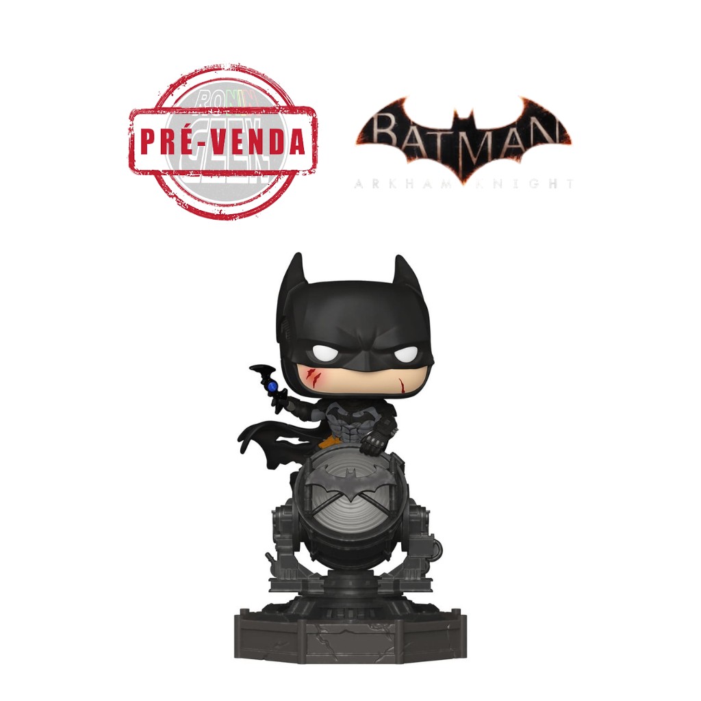 PRÉ-VENDA Funko POP! Premium Herores: Arkham Knight - Batman Figura colecionável do Batman em preto em cima de projetor de luz com símbolo de morcego e texto PRE-VENDA.