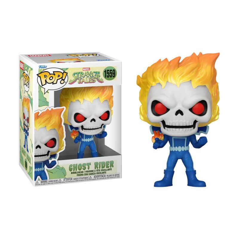Funko POP! Marvel: Strange Tale - Ghost Rider Figura Funko Pop! de Ghost Rider com cabelo fogo e fato azul na caixa