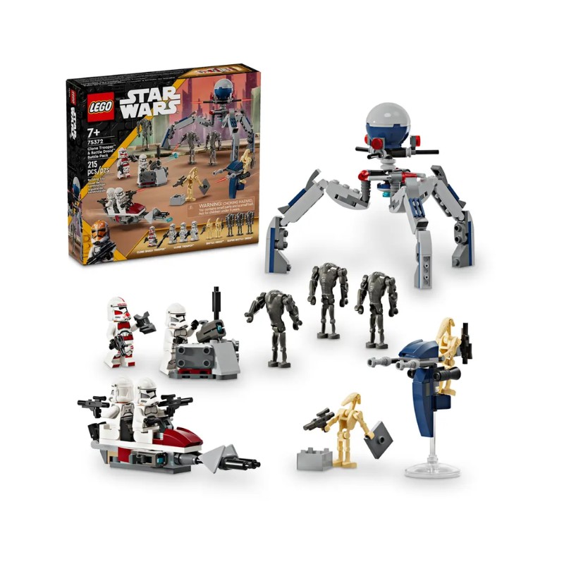 Lego 75372 - Star Wars: Pacote de Combate Clone Trooper e Battle Droid Conjunto LEGO Star Wars com mini-figuras e veículos em frente à embalagem