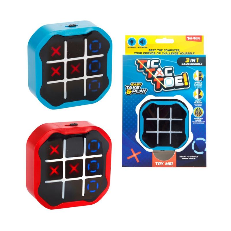 Jogo Do Galo Eletrónico Tic Tac Toe Dois jogos eletrónicos de jogo da velha em plástico com molduras coloridas e embalagem azul.