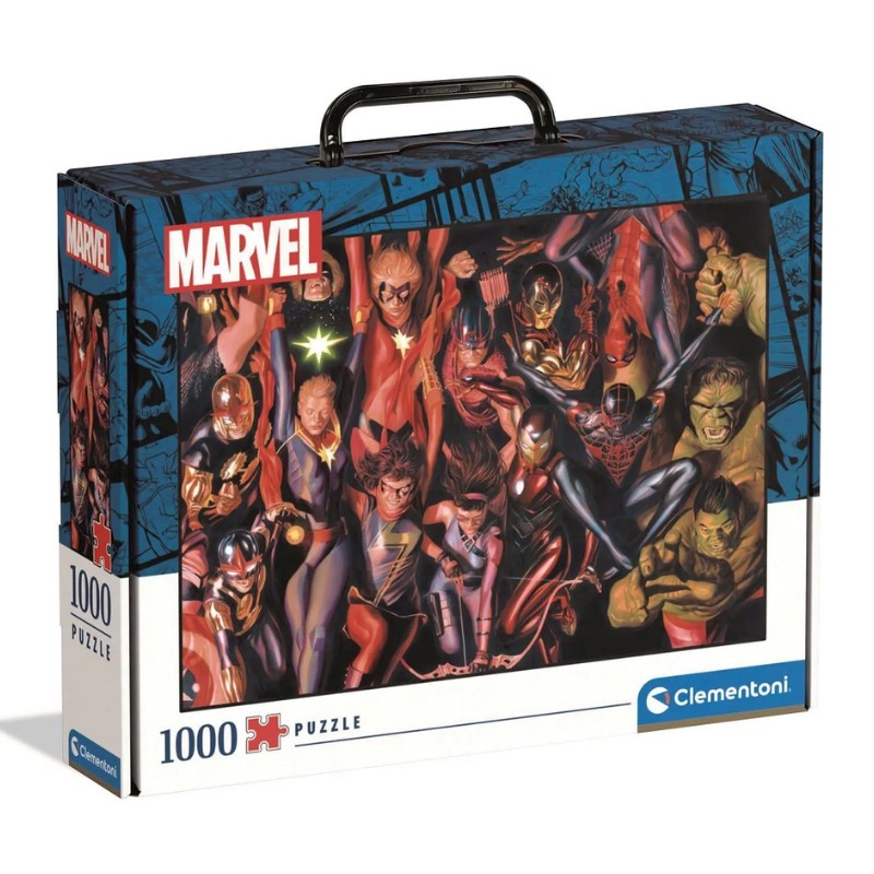 Puzzle Mala Marvel 1000 Peças Caixa de puzzle Marvel 1000 peças com imagem de super-heróis em fundo azul.