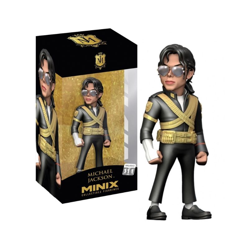 Figura Minix Music: Michael Jackson - Dangerous Figura colecionável Michael Jackson MINIX com roupa preta e dourada e óculos de sol, ao lado da caixa preta do produto.