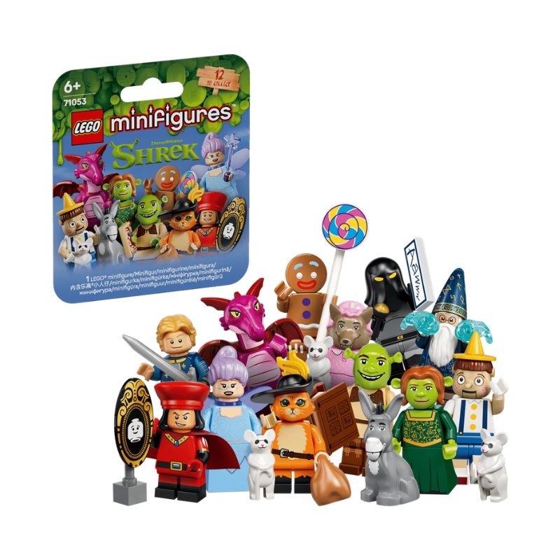 Lego 71053 - Minifiguras: Shrek Conjunto de minifiguras LEGO Shrek com personagens coloridas e embalagem azul