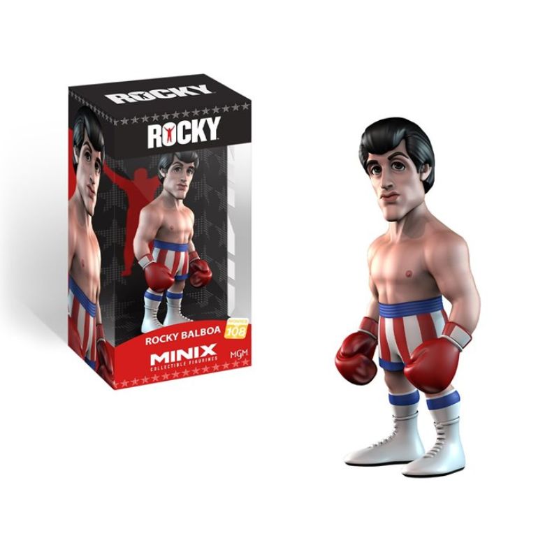 Figura Minix Movies: Rocky IV - Rocky Balboa Figura colecionável Minix Rocky Balboa com box em vinil, calções às riscas, luvas vermelhas e box preto
